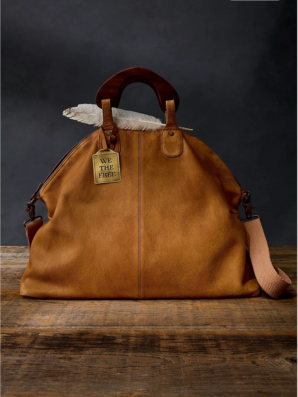 We The Free Cognac Tan Leather Duffel with Wooden Handle